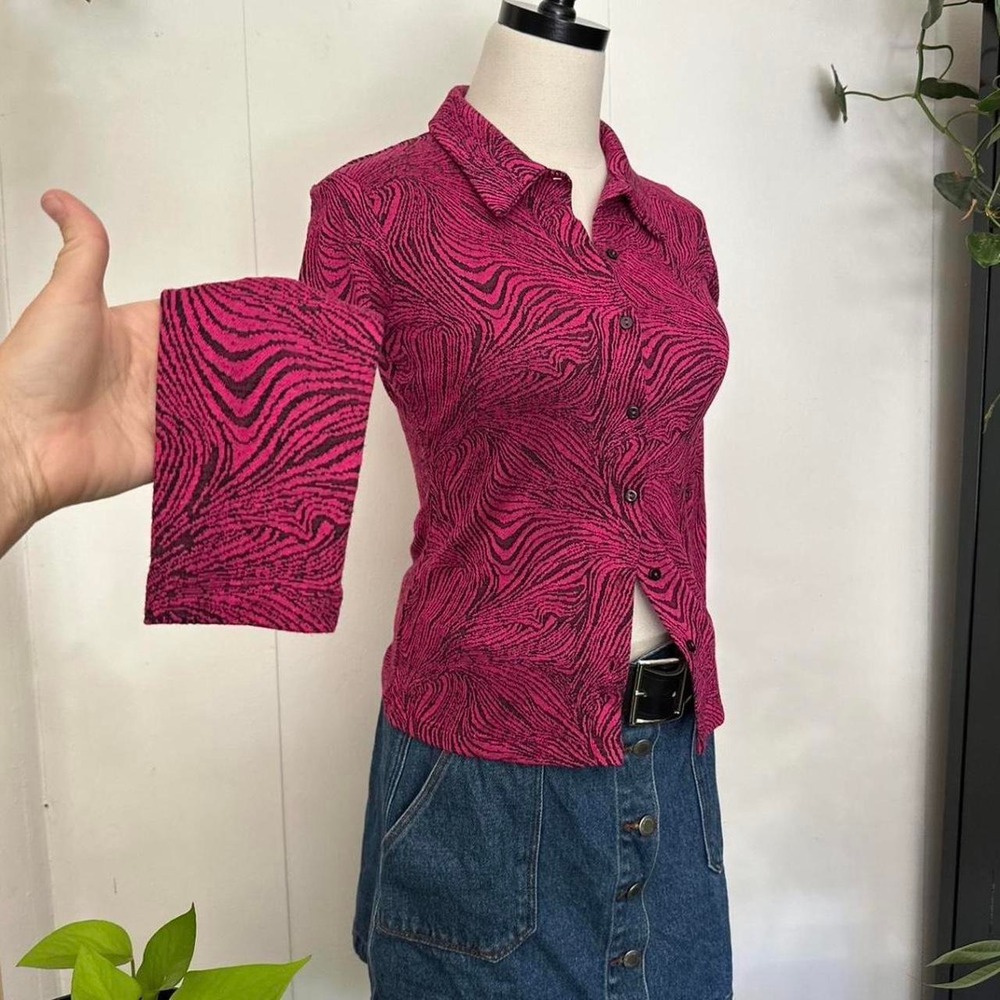 Zara Fuchsia Pink Black Marble Print Long Sleeve Button Up Top Retro Size Small